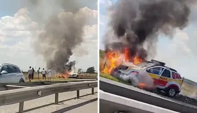 Alertă pe A1: Mașină în flăcări, pompierii au intervenit rapid! Vezi ce s-a întâmplat!