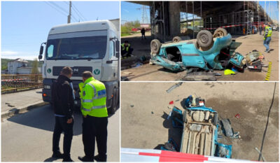 Incredibil Zbor spre moarte după un impact brutal. O femeie a fost strivită după ce mașina a căzut în gol de pe pod