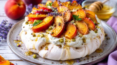 Desertul divin al verii! Pavlova cu piersici, miere și lavandă, rețeta care te va cuceri instant