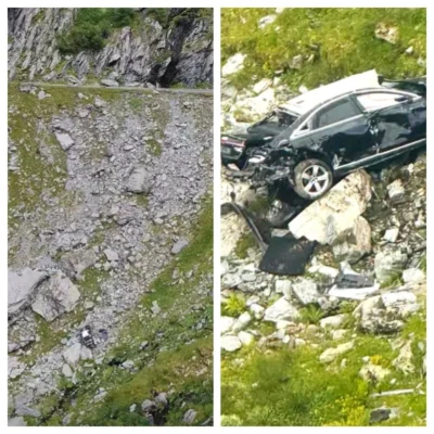 Mașină căzută în prăpastie pe Transfăgărășan. Șoferul a uitat frâna de mână când a coborât să facă poze