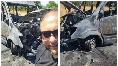 Un microbuz cu lăutari a ars complet în mers pe un drum național din Bacău