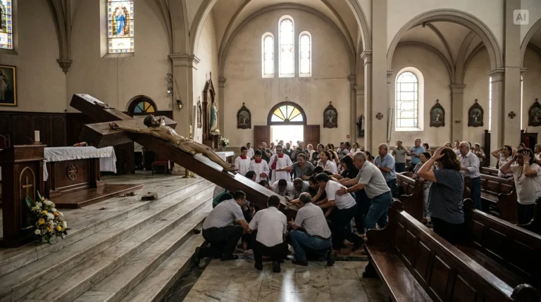 Un preot a MURIT strivit de un crucifix uriaș în timpul slujbei!
