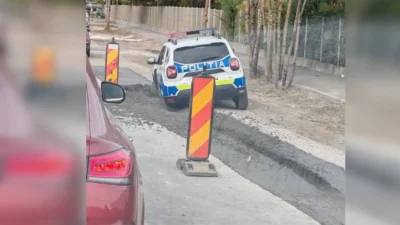 Intervenție cu surprize în Brașov! Autospecială de POLIȚIE blocată în beton proaspăt